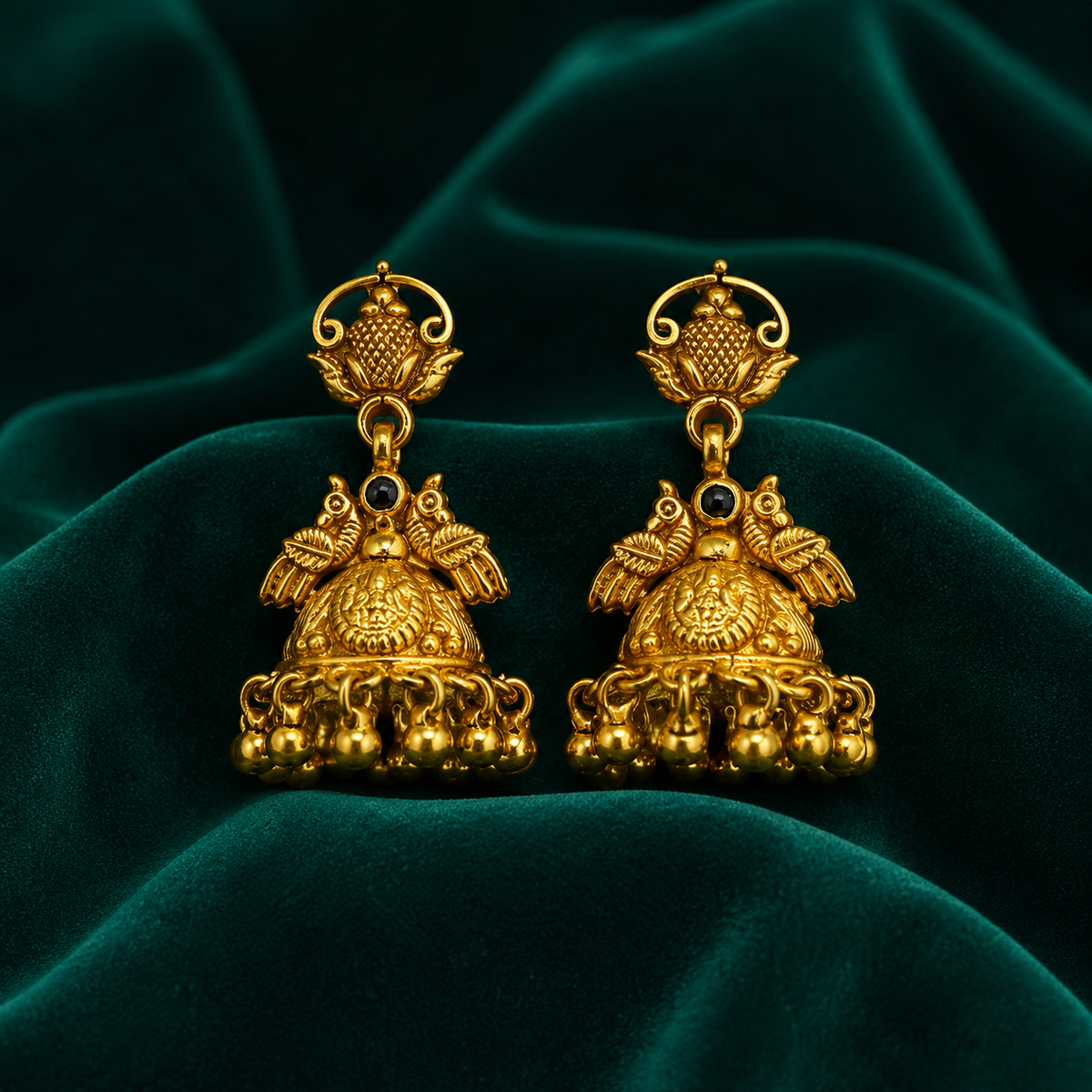 🌿 Black Stone Peacock Jhumkas - 12.610 GM