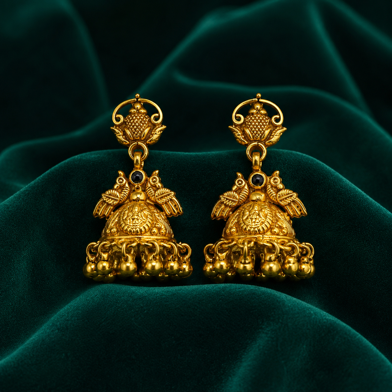 🌿 Black Stone Peacock Jhumkas - 12.610 GM