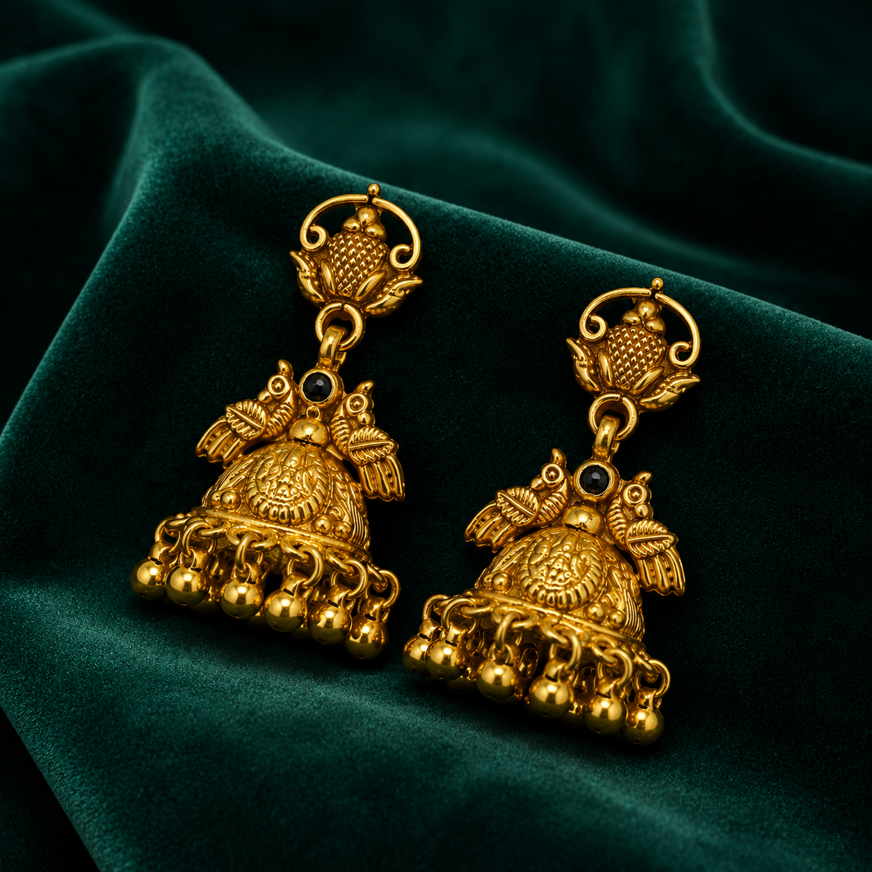 🌿 Black Stone Peacock Jhumkas - 12.610 GM