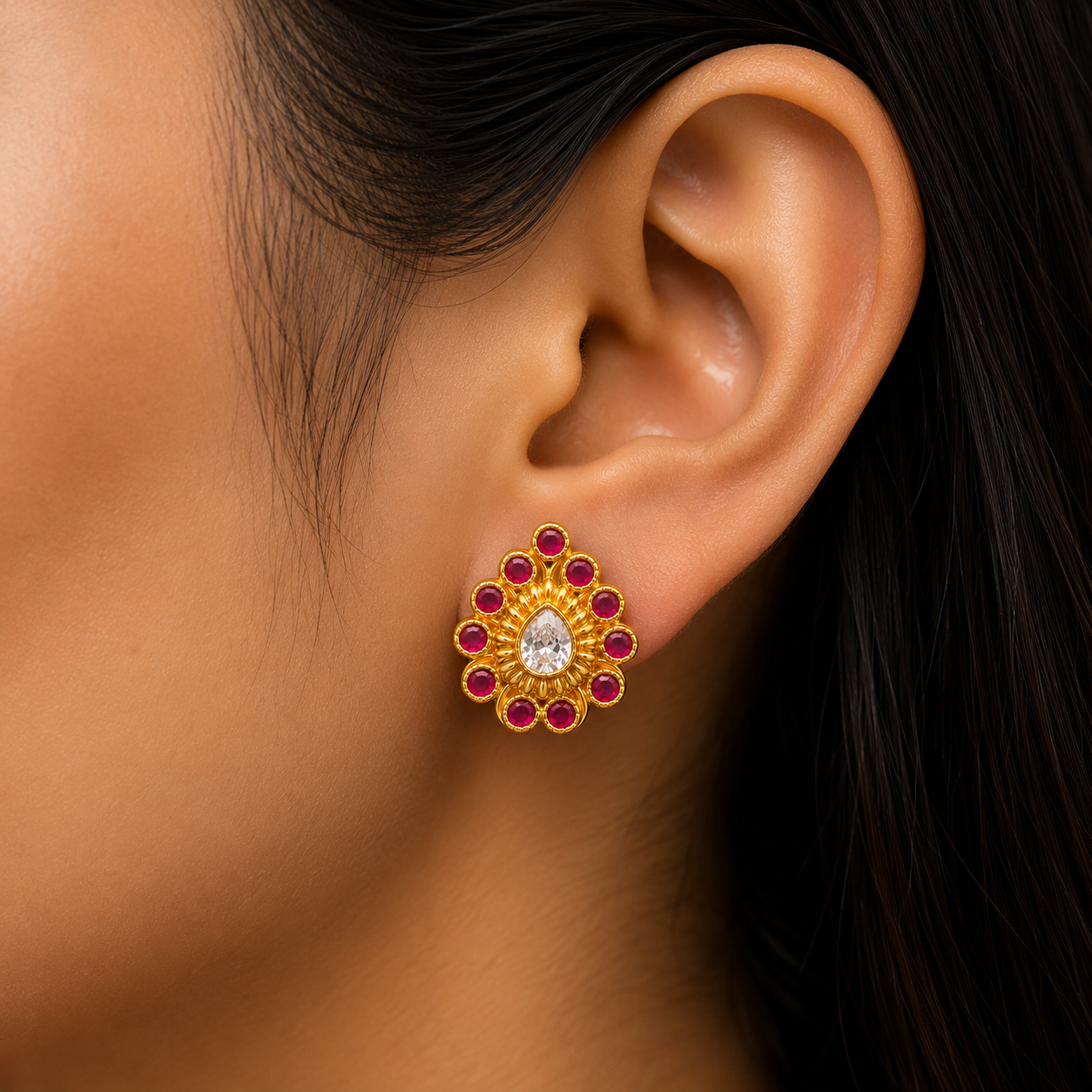 ❤️ Ruby Teardrop Floral Studs - 6.650 GM