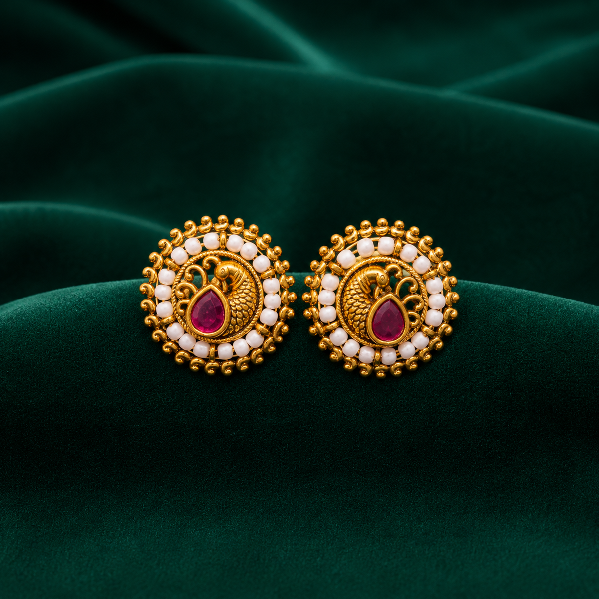 🦚 Ruby Pearl Peacock Studs - 6.030 GM