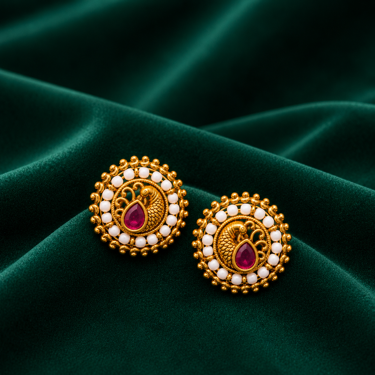 🦚 Ruby Pearl Peacock Studs - 6.030 GM