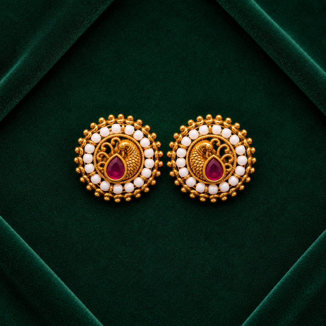 🦚 Ruby Pearl Peacock Studs - 6.030 GM