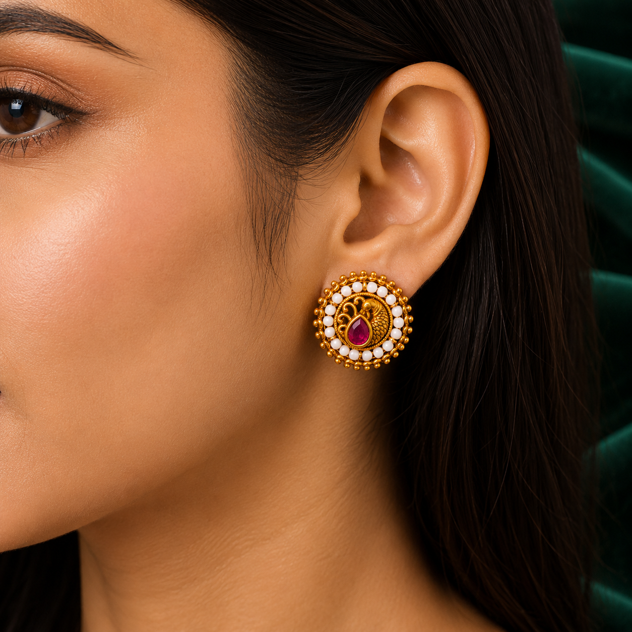 🦚 Ruby Pearl Peacock Studs - 6.030 GM