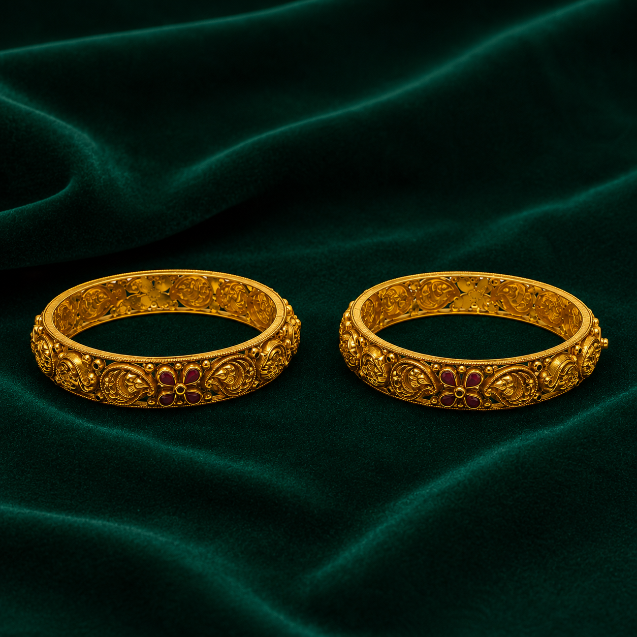 🌸 Ruby Floral Heritage Bangles - 42.400 GM