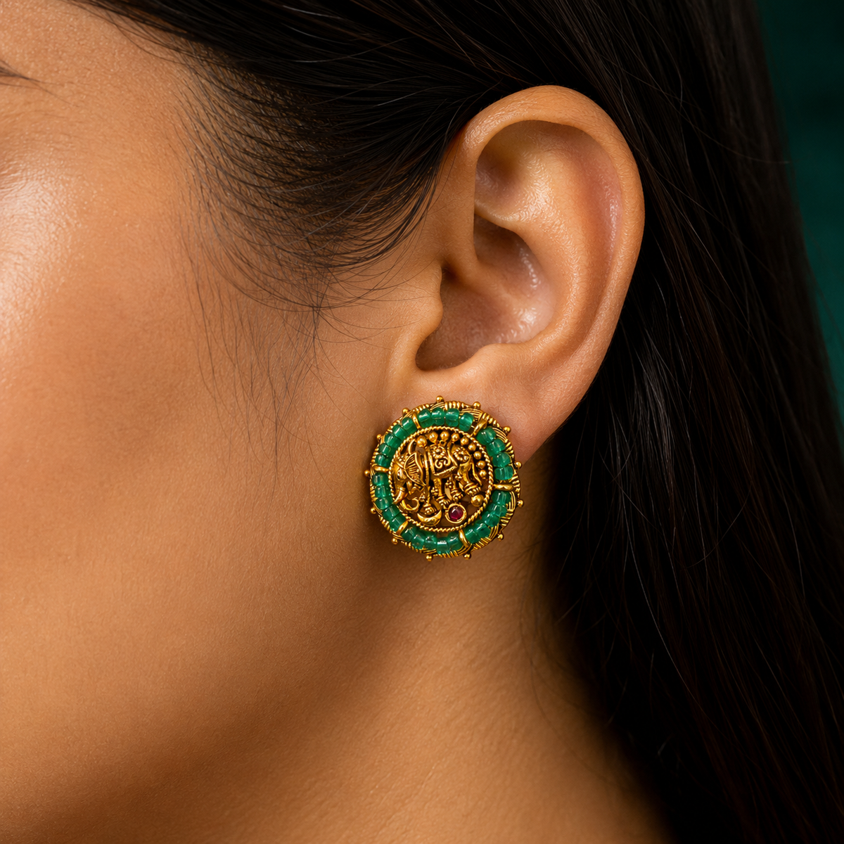 🐘 Maragatha Ganesha Studs -7.970GM